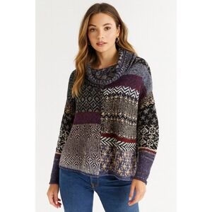 Free People Sweater XS Patchwork Nordic Oversized Knit Boho Roll‎ Neck Hem